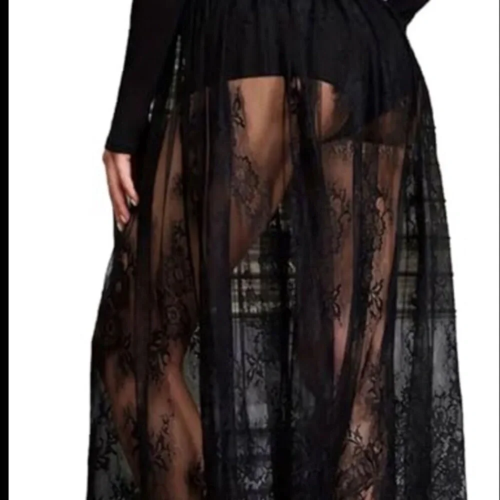 Sheer Lace Maxi Skirt High Waist A-Line Flowy Mesh Long Skirt